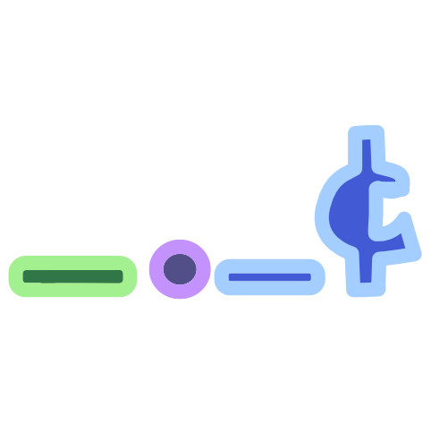 A tall blue shape reminiscent of a cents symbol has a series of shapes to its left positioned at its base. These shapes, from left to right, are a green dash representing the 1’s place, and a blue dash representing the 10ths place. There is a purple dot separating the 1’s and the 10ths. The cents symbol sits in the 100ths place. The image has light line art